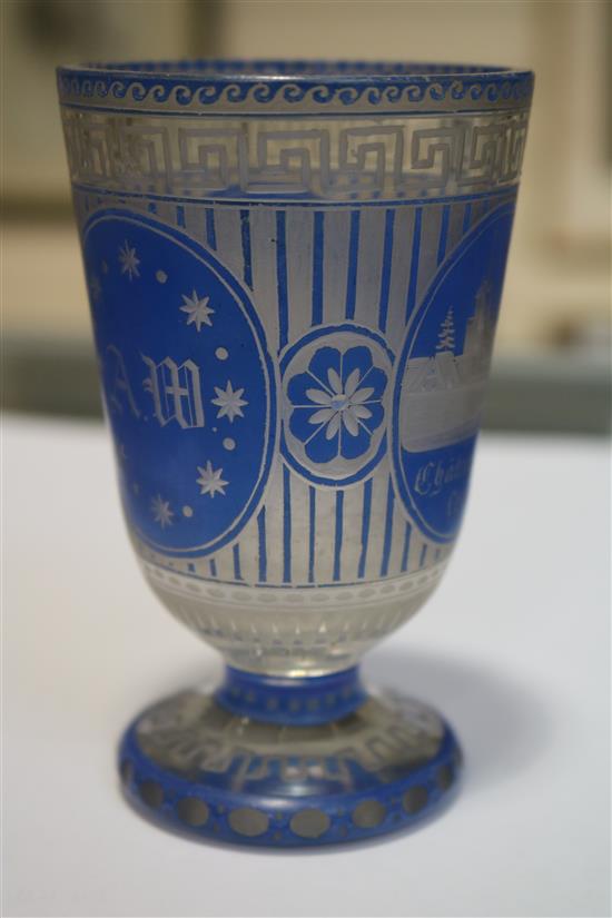 A Bohemian blue overlay glass goblet, c.1860, height 4in.